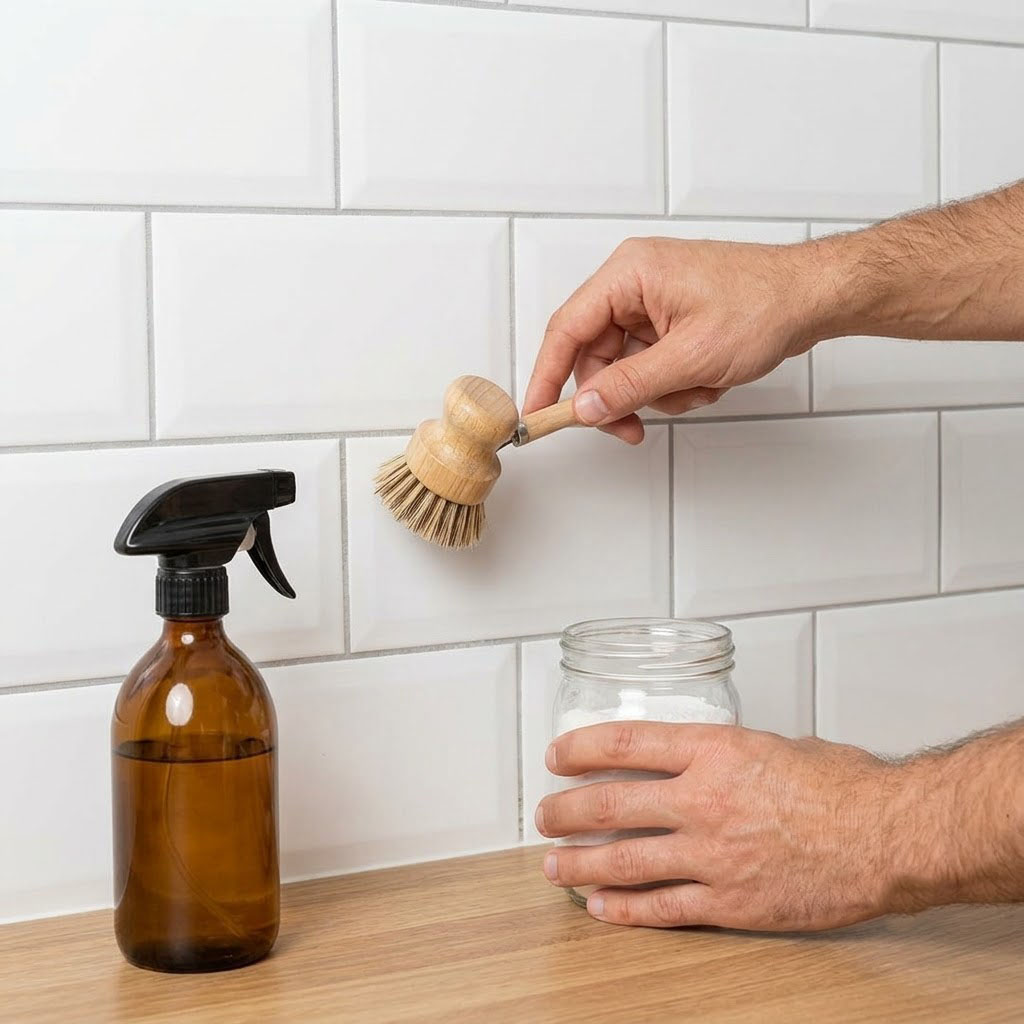 Persona limpiando las juntas de las baldosas de una pared con un cepillo de fibras vegetales y una combinación de agua y ácido cítrico.