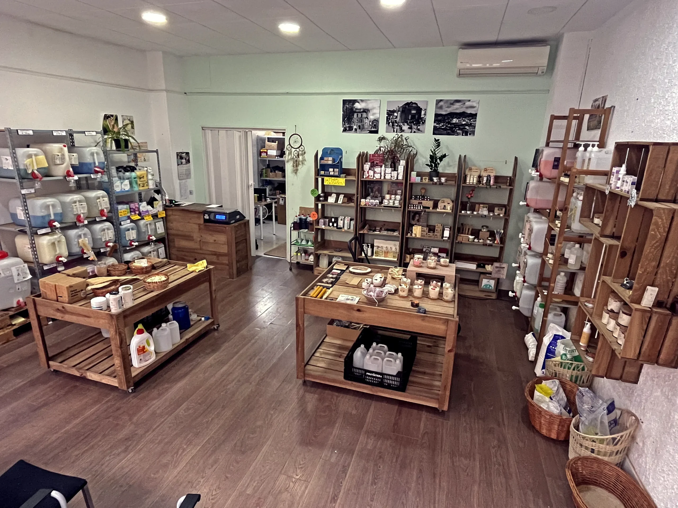 Interior de la Tienda L'Aixeta Verda, con diferentes estanterías de productos de limpieza, aseo y cosmética.